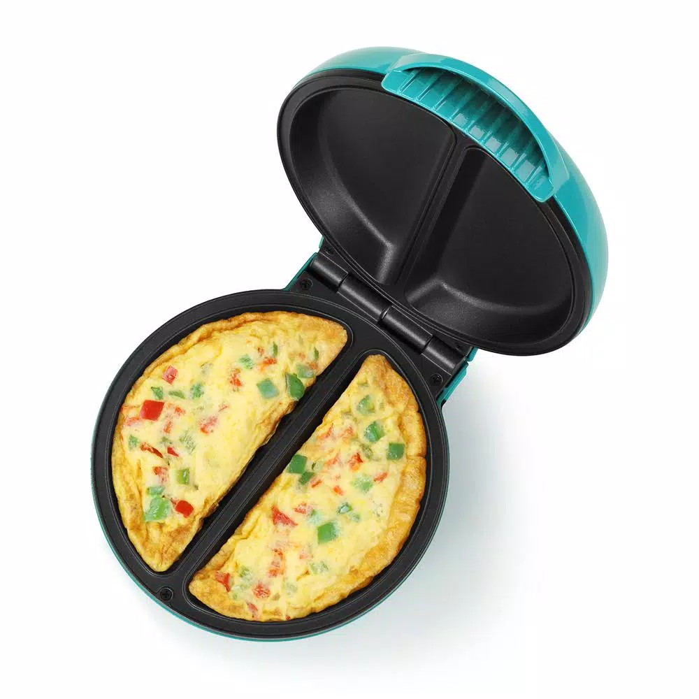 HOLSTEIN HOUSEWARES Holstein 4-Egg Omelette Maker, 2-Section Non-Stick Egg Cooker in Teal and Stainless Steel