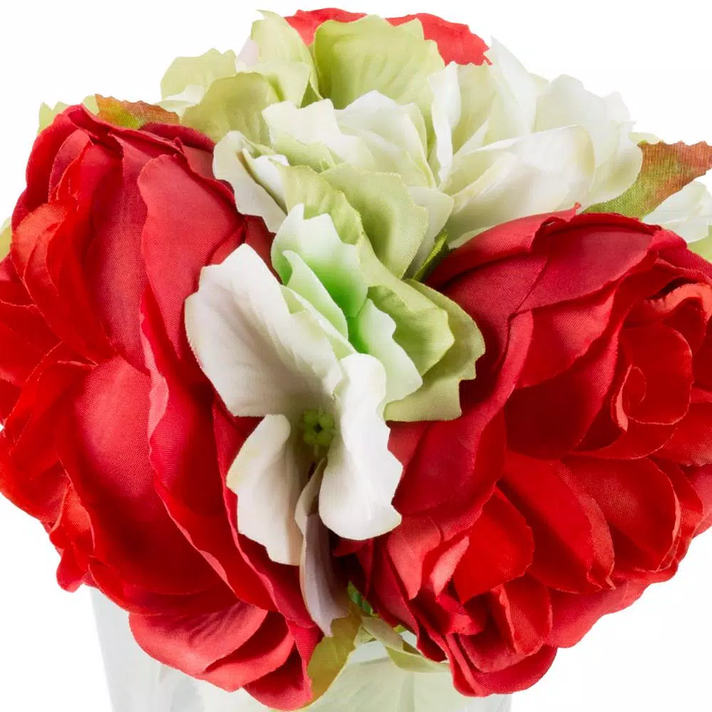 Pure Garden 6.5 in. Red Hydrangea and Rose Artificial Floral Arrangement in Glass Vase