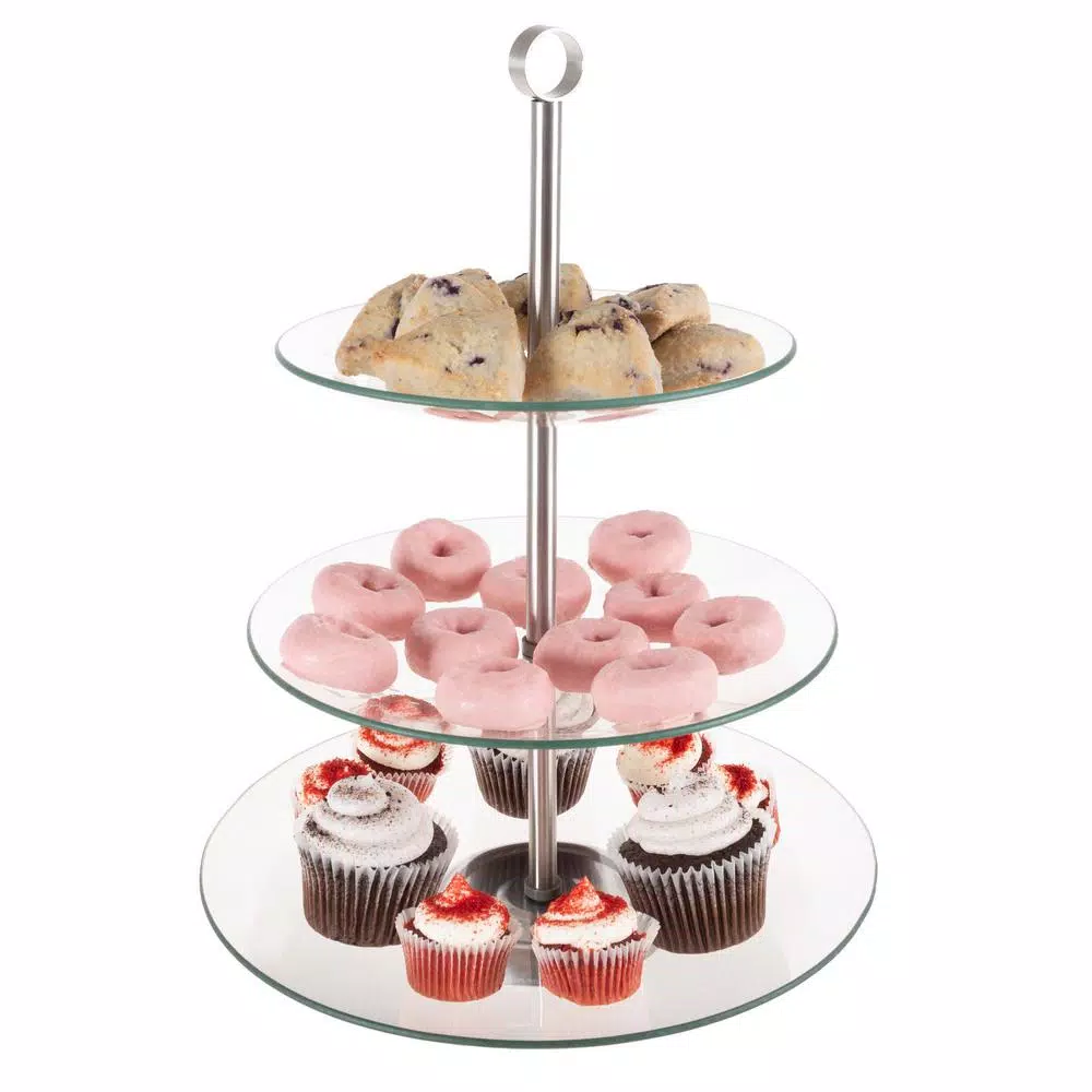 Classic Cuisine 3-Tier Round Tempered Glass Dessert Tray with Stainless Steel Base (5 Per Case)