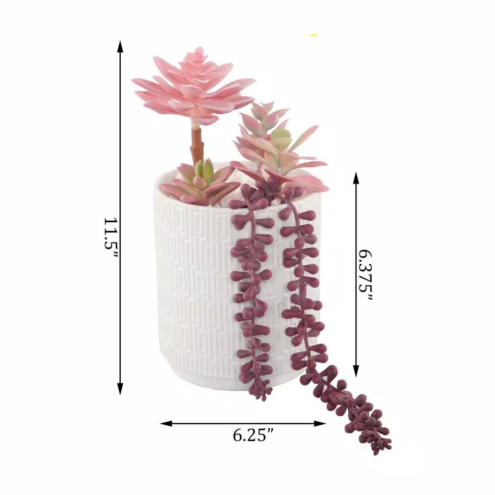 Flora Bunda 11.5 in. Pink Artificial Succulent in 5 in. White Greco Ceramic Pot