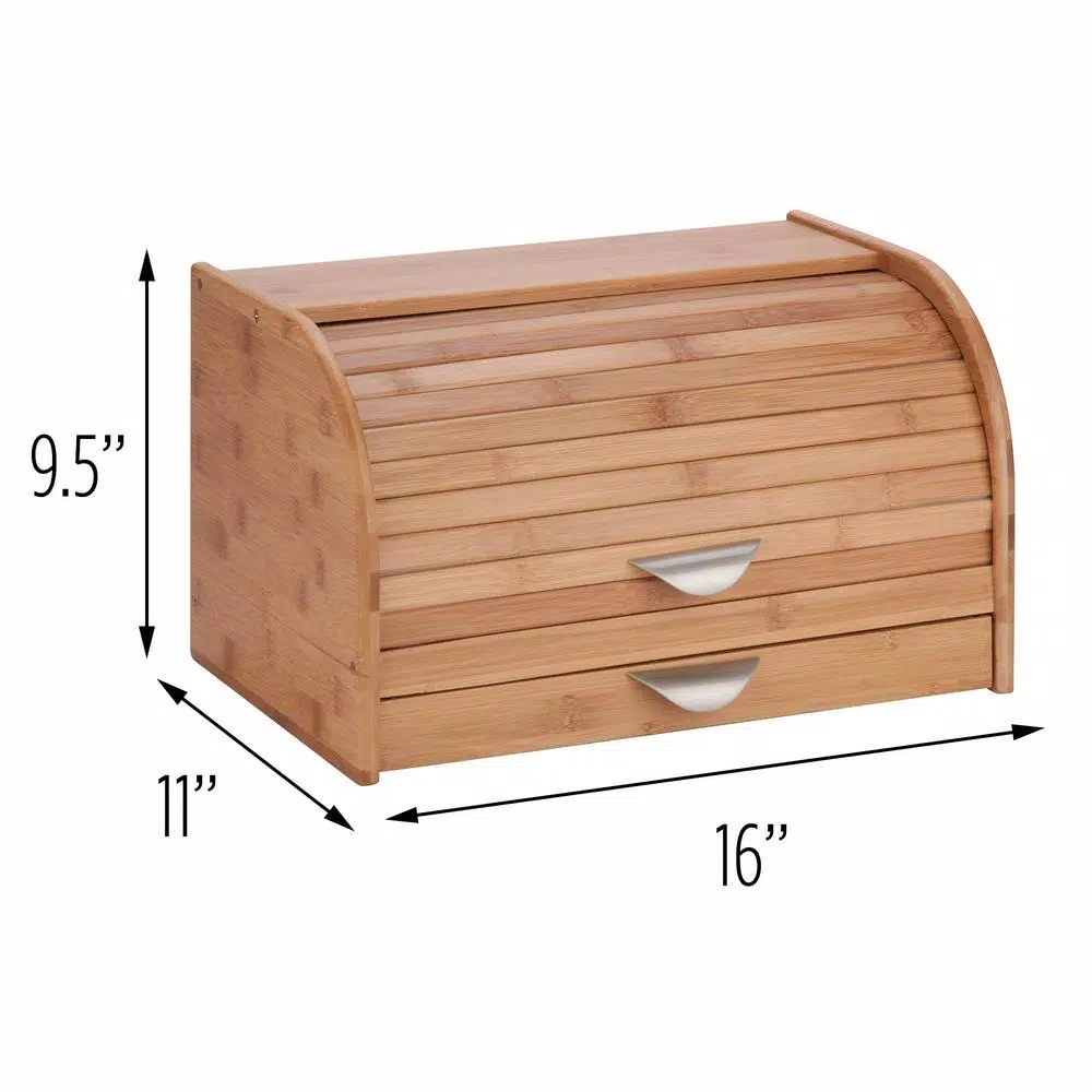 Honey-Can-Do Bamboo Bread Box with Roll-Top Door, Pull-Out Drawer, and Integrated Cutting Board