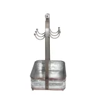 Benzara Rustic Galvanized Metal 6-Hook Crockery Holder with Wooden Handle thumbnail 2