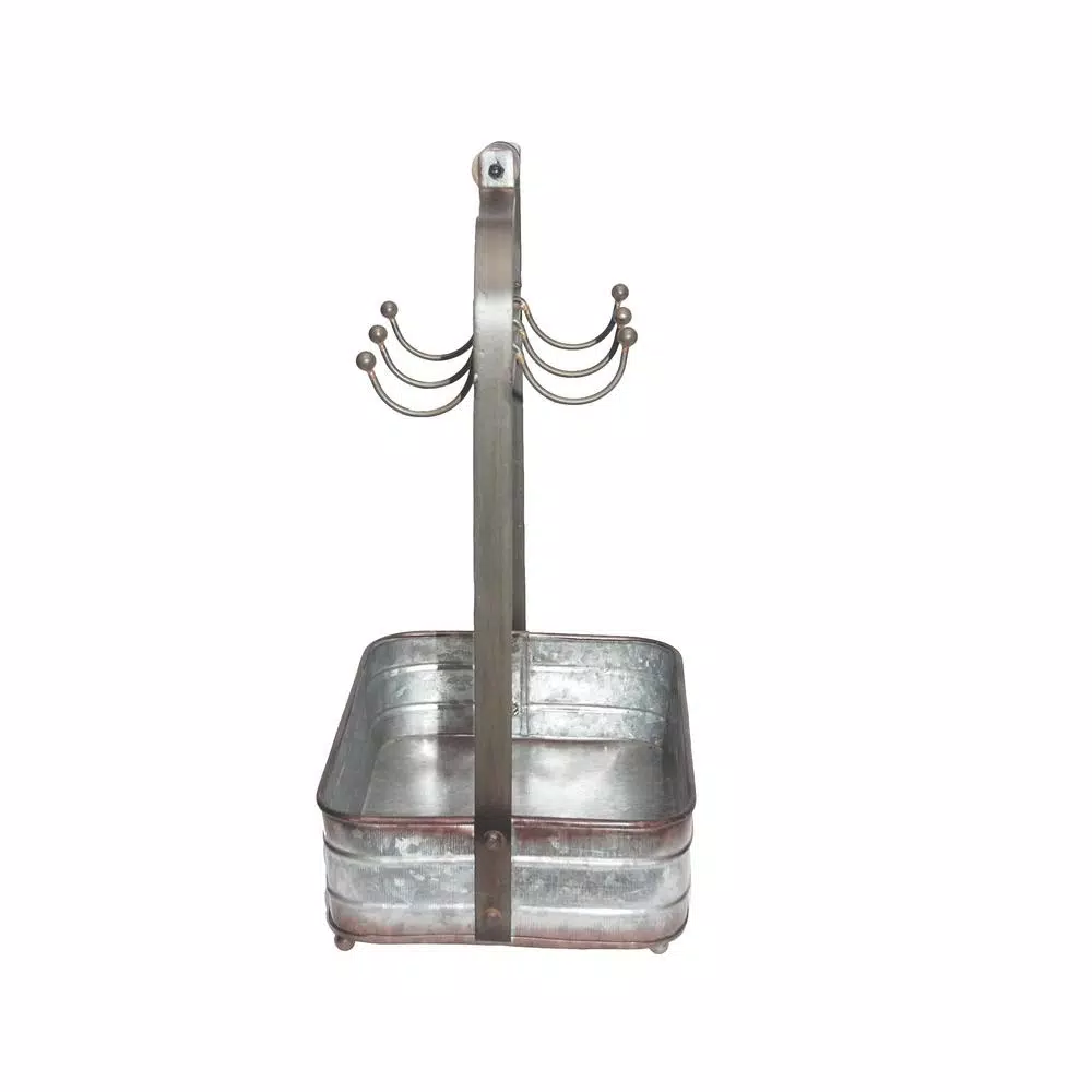 Benzara Rustic Galvanized Metal 6-Hook Crockery Holder with Wooden Handle