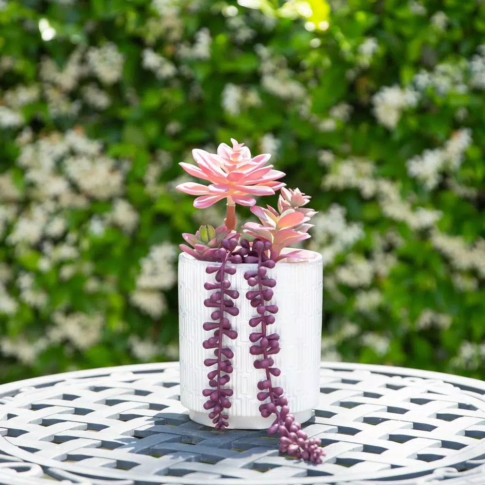Flora Bunda 11.5 in. Pink Artificial Succulent in 5 in. White Greco Ceramic Pot