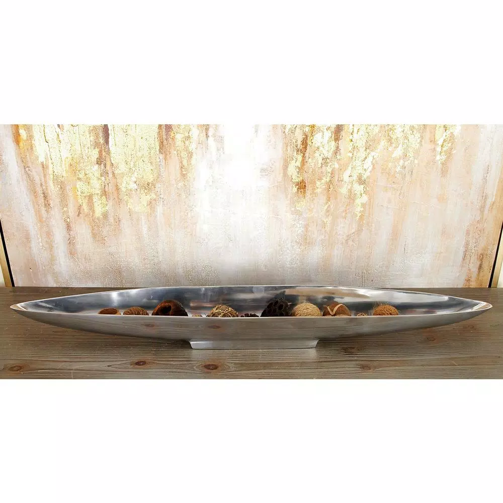 LITTON LANE Modern Reflections 36 in. Polished Silver Aluminum Canoe-Shaped Decorative Bowled Tray