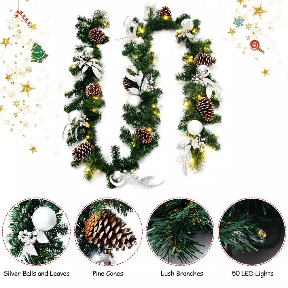 Costway 9 ft. Pre-Lit Artificial Pine Garland with 50 LED Lights, Pinecones, and Berries