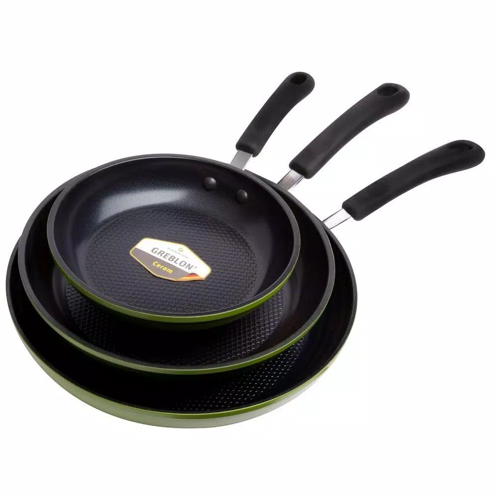 Ozeri Green Earth 3-Piece Aluminum Ceramic Nonstick Frying Pan Set, Green