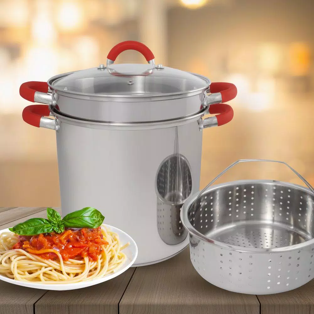 ExcelSteel 12 Qt. Stainless Steel Multi-Cooker Pasta Pot Set with Steamer Insert and Red Silicone Handles