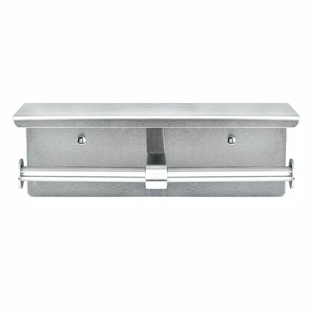 Alpine Industries Double Post Toilet Paper Holder with Storage Shelf, Brushed Stainless Steel