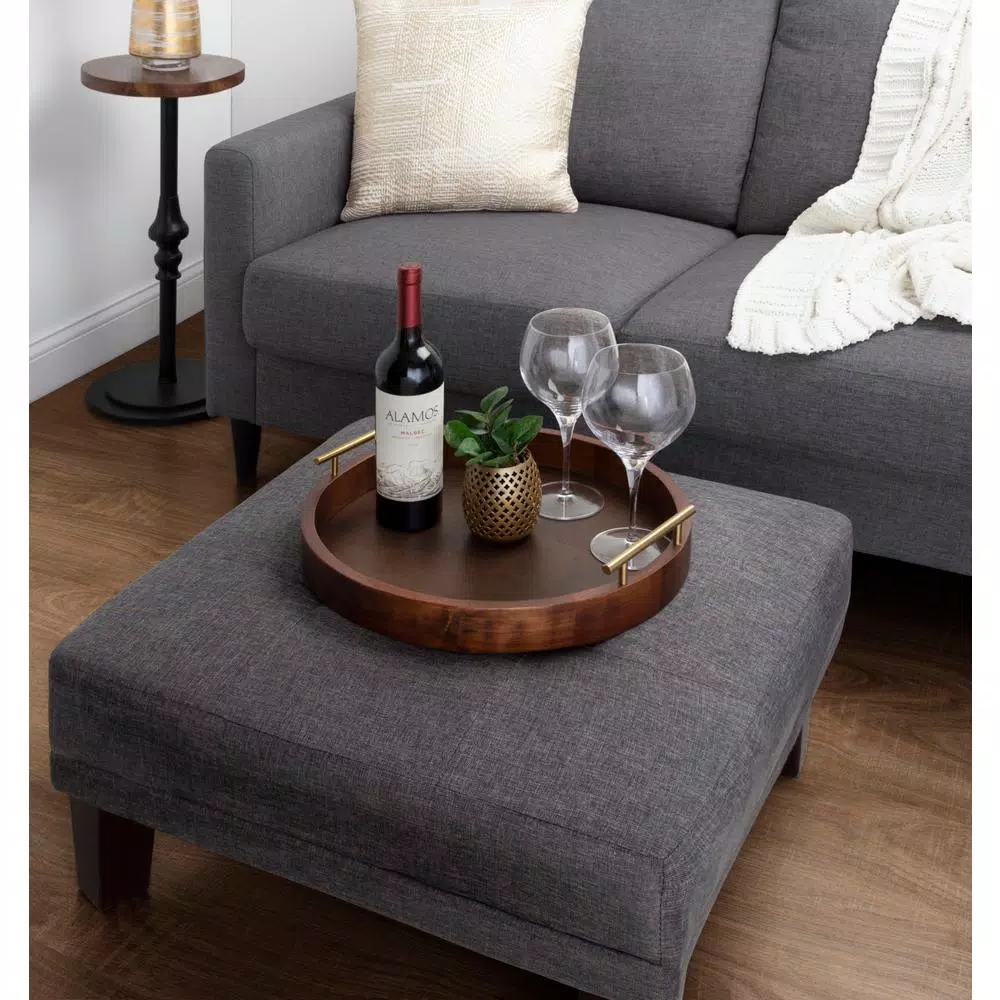 Kate and Laurel Lipton Mid-Century Modern Round Walnut Wood Decorative Tray with Metal Handles