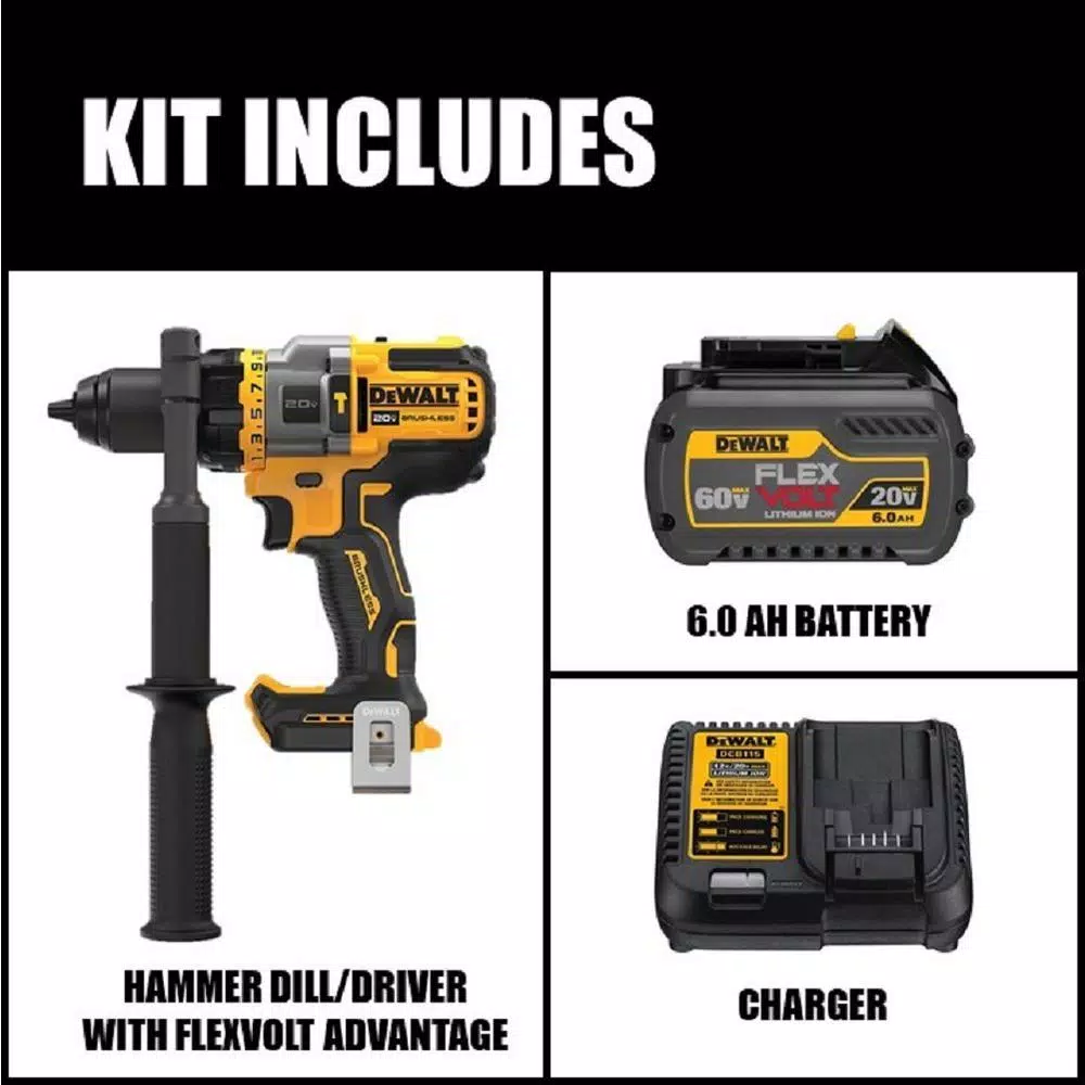 DEWALT 20V MAX Brushless 1/2 in. Hammer Drill/Driver Kit with FLEXVOLT ADVANTAGE & 6.0Ah Battery