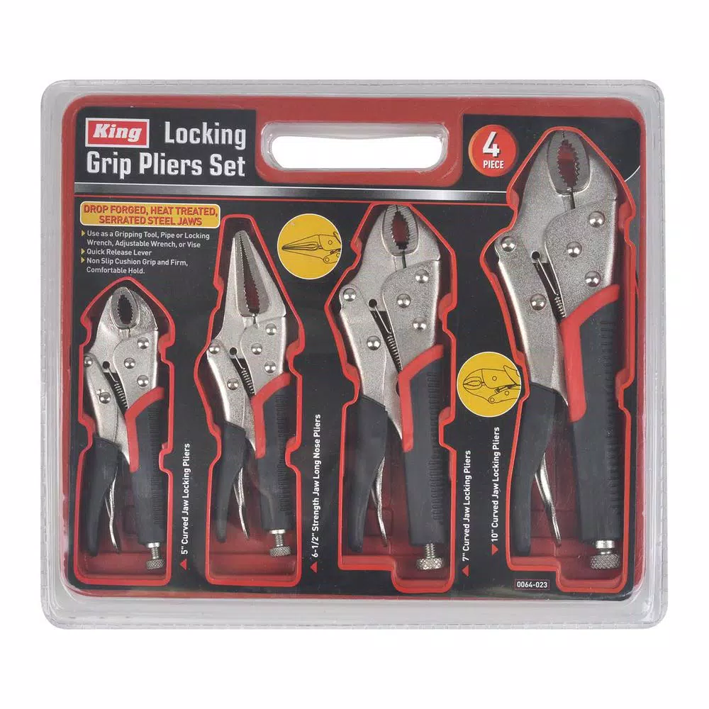 KING 4-Piece Locking Pliers Set, Curved Jaw and Long Nose, Cushioned Grip