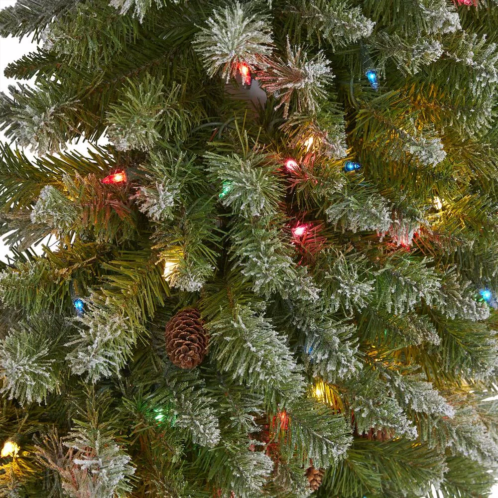 Nearly Natural 5 ft. Pre-Lit Flocked Artificial Christmas Wreath with 280 Multi-Color Lights and Pine Cones