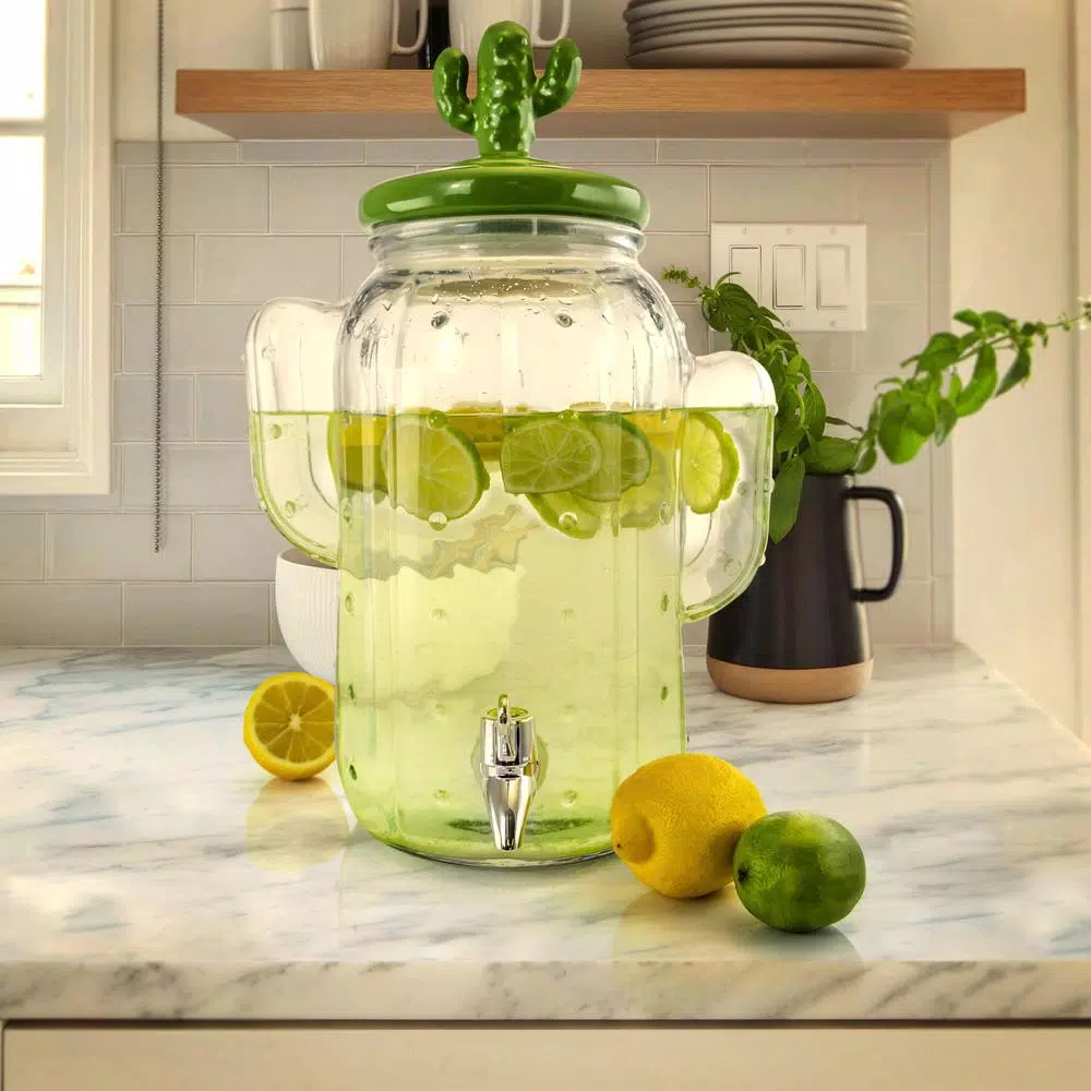Gibson Home Cactus Cooler 1.3 Gal. Glass Drink Dispenser, Green