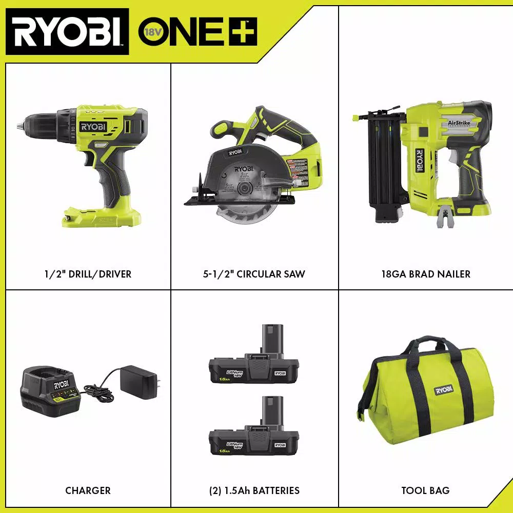 RYOBI 18V ONE+ Cordless 3-Tool Combo Kit with Drill/Driver, Circular Saw, and AirStrike 18-Gauge Brad Nailer