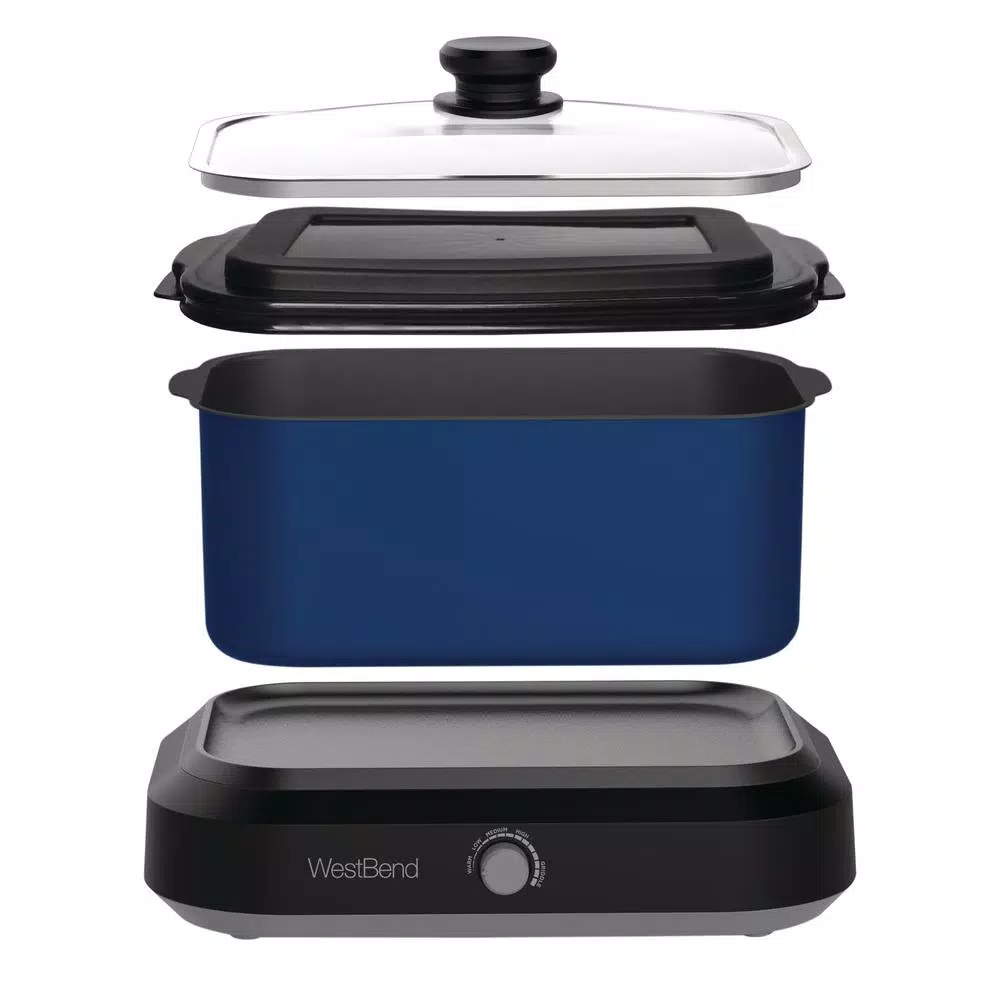 West Bend 6 Qt. Blue Non-Stick Versatility Slow Cooker with Griddle Base, Travel Lid, and Thermal Tote