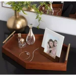 Kate and Laurel Lipton Walnut Brown Wood Hexagon Decorative Tray with Gold Handles thumbnail 1