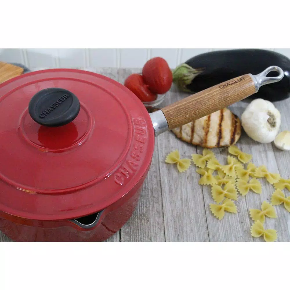 Chasseur 2.5 qt. Enameled Cast Iron Sauce Pan with Lid, Red