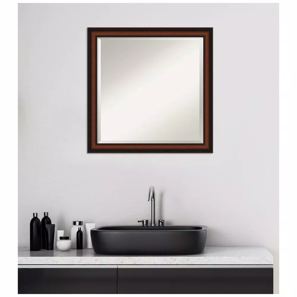 Amanti Art Cyprus 23 in. W x 23.12 in. H Square Beveled Edge Wood Bathroom Vanity Mirror, Dark Brown Walnut