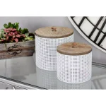 LITTON LANE White Iron Mesh Round Canisters with Wooden Lids, Set of 2 thumbnail 7