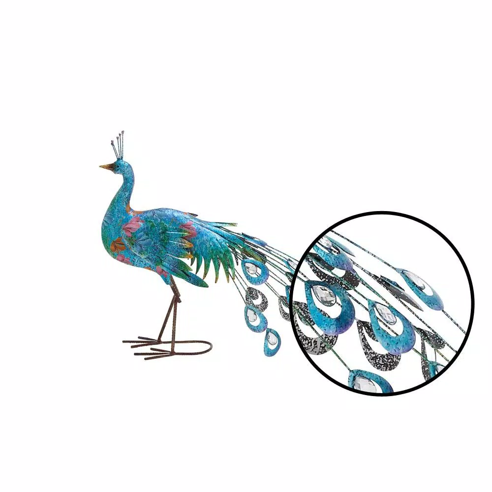 LITTON LANE Floral Peacock Iron Sculpture - Turquoise & Multicolored Bohemian Statuary