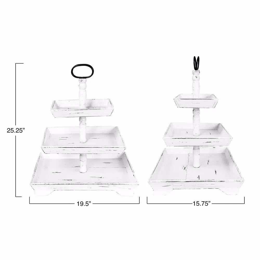 3R Studios White Decorative 3-Tier Tray - Rustic Distressed Wood and Metal Design
