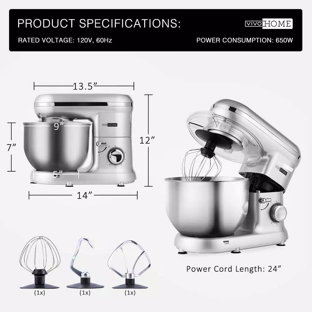 VIVOHOME 650W 6-Qt. Silver Tilt-Head Kitchen Stand Mixer with 6 Speeds