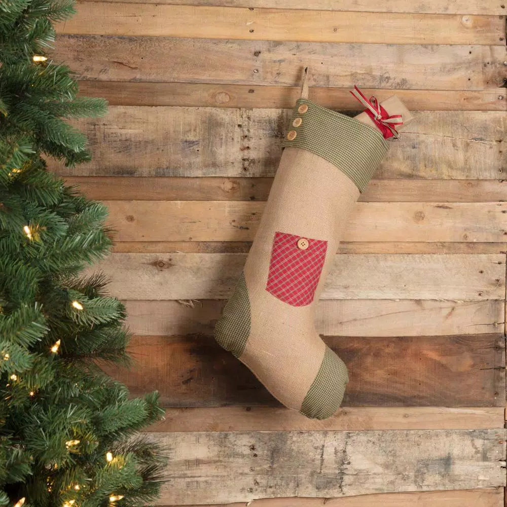 VHC Brands 20 in. Red Plaid and Jute Burlap Primitive Christmas Pocket Stocking