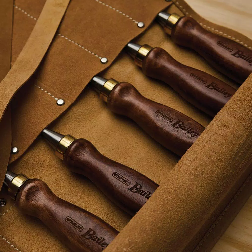 Stanley Bailey 5-Piece Chisel Set with Hardwood Handles and Leather Pouch