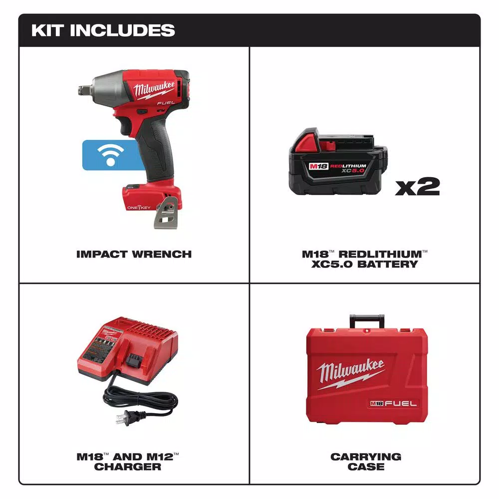Milwaukee M18 FUEL ONE-KEY 1/2 in. Compact Impact Wrench Kit w/ (2) 5.0 Ah Batteries & Charger