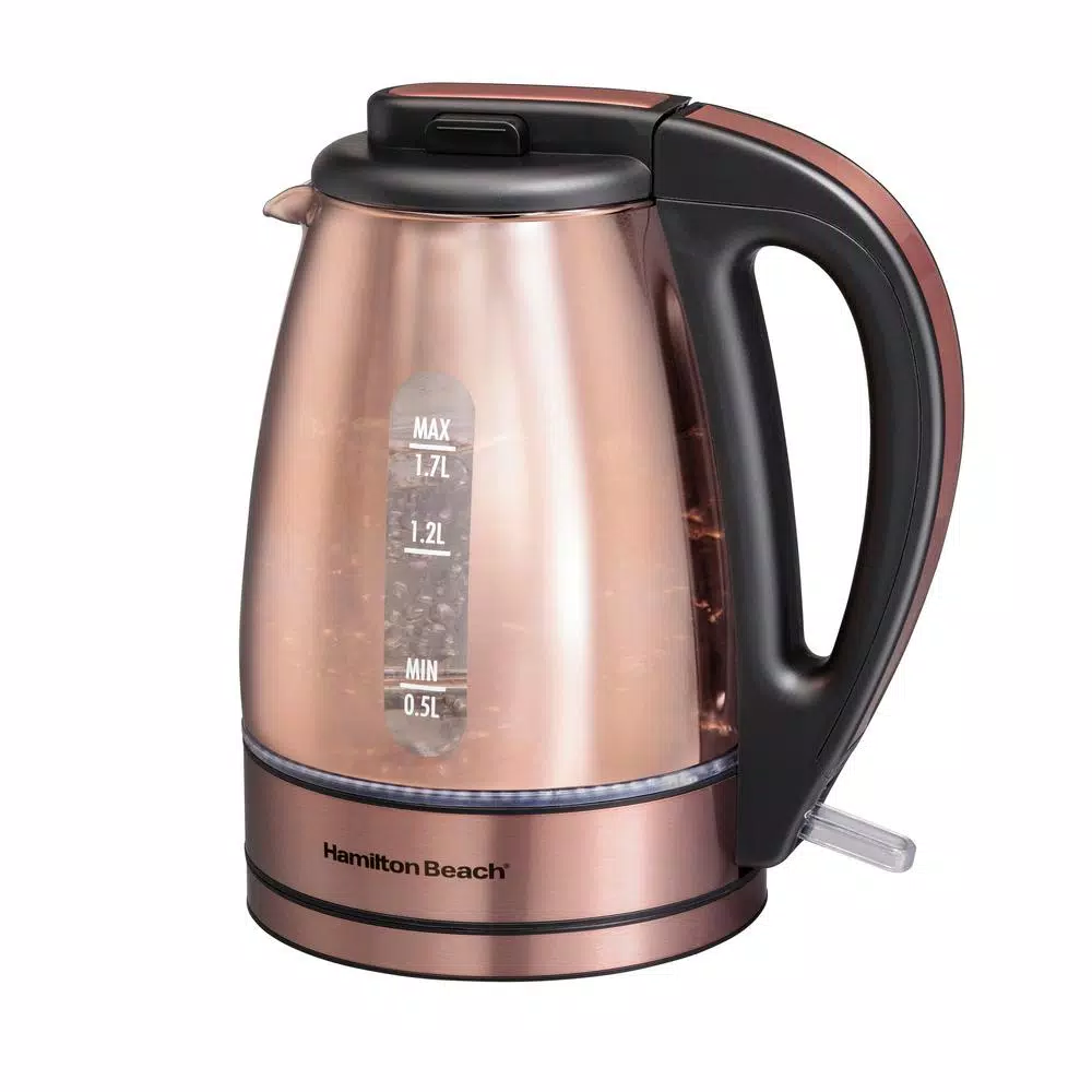Hamilton Beach 1.7L Glass Electric Kettle with Copper Stainless Steel Base, 1500W Rapid Boil