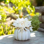 Flora Bunda 5.75 in. Cream White Faux Chrysanthemum Arrangement in Ceramic Pumpkin Pot with Gold Trim thumbnail 3