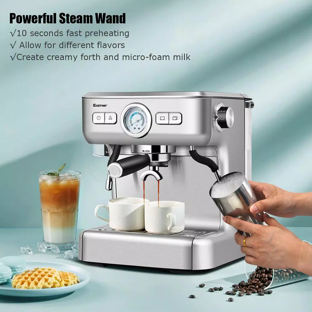 Costway Stainless Steel Semi-Auto Espresso Machine with Milk Frother Wand, 1500W Coffee Maker