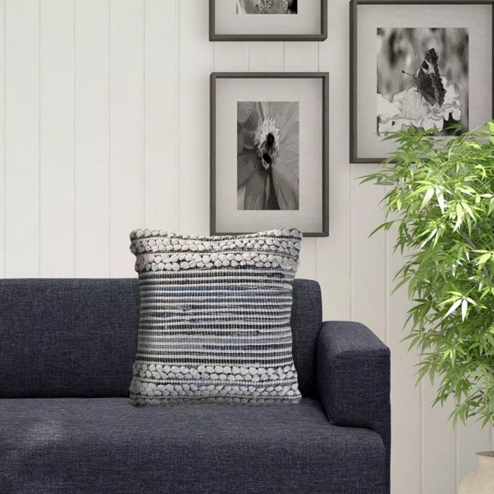 LR Home Crest Navy Blue and Ivory Abstract Textured Throw Pillow, 18 x 18 in.