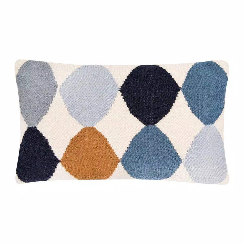 3R Studios Off-White Geometric Pattern Lumbar Throw Pillow, Blue and Brown, 26 x 16 in.