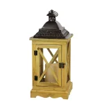 Gerson 17.5 in. Rustic Wooden Lantern with Brown Metal Top and LED Flameless Pillar Candle with Timer thumbnail 1