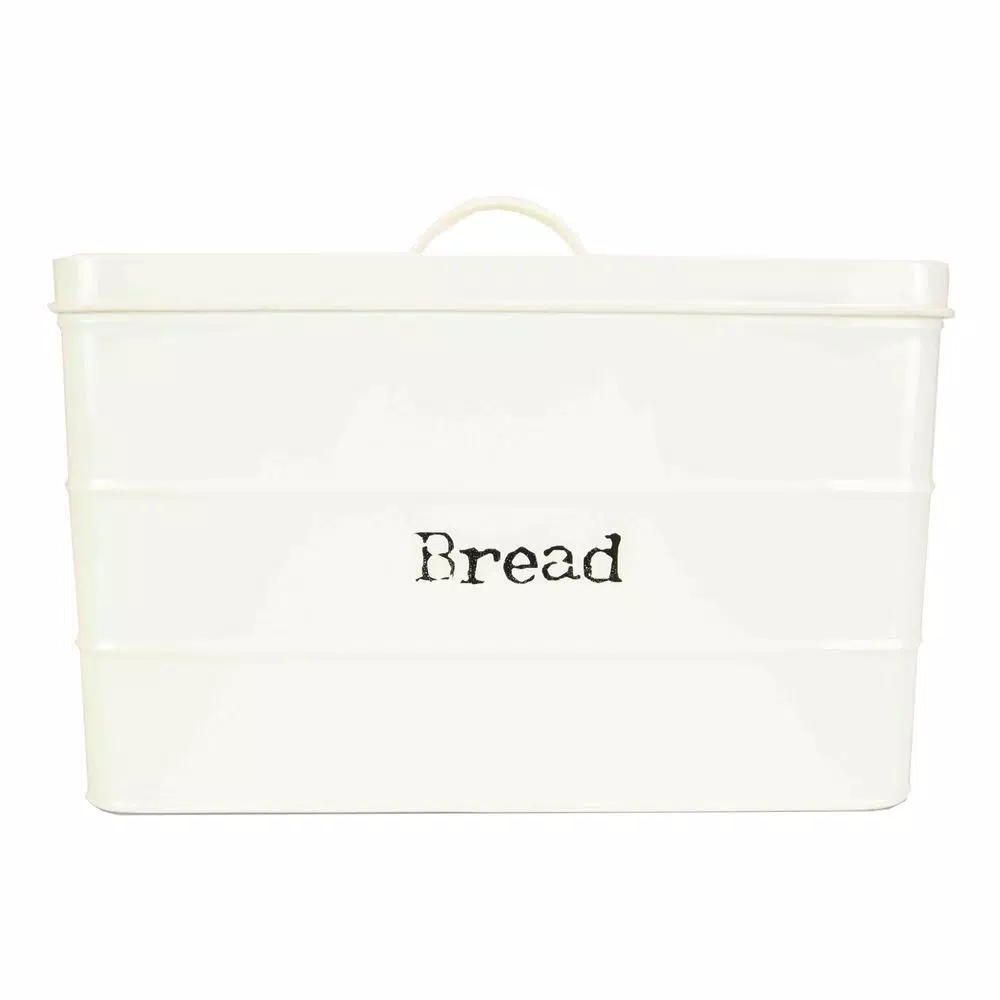 Home Basics Vintage Style Tin Bread Box - Ivory Metal Bread Canister with Airtight Lid