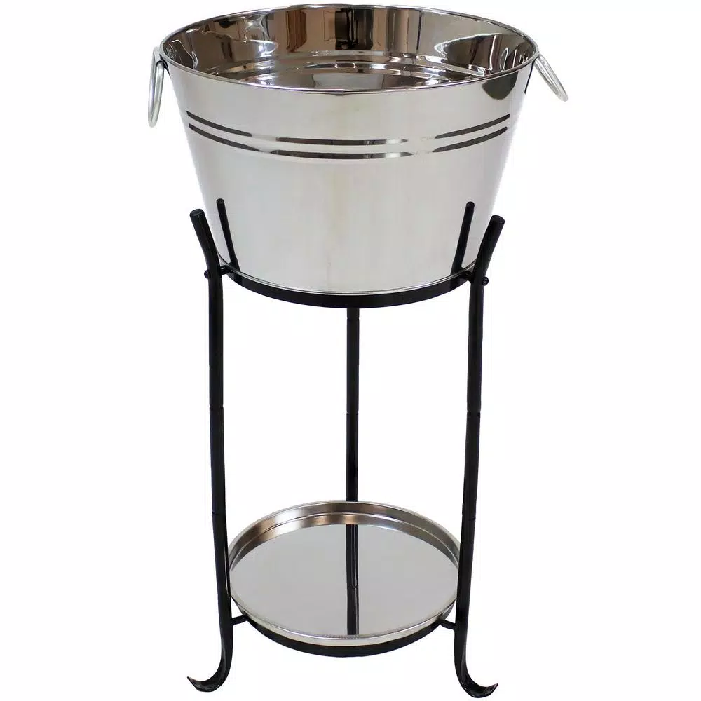 Sunnydaze Decor 5-Gallon Stainless Steel Ice Bucket Cooler with Iron Stand and Serving Tray