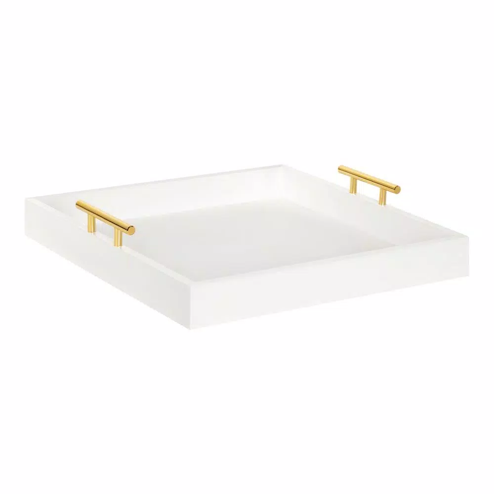 Kate and Laurel Lipton 16 in. White and Gold Decorative Wood Tray with Metal Handles
