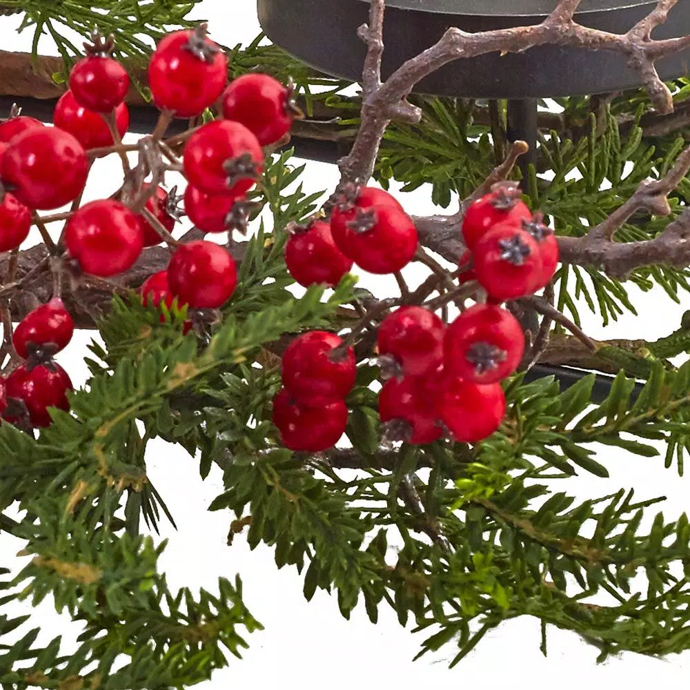 Nearly Natural 6.5 in. Berry and Pine Triple Candle Candelabrum, Red and Green Holiday Tabletop Decor