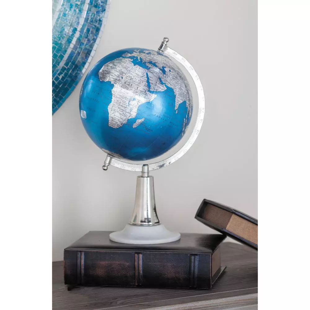 LITTON LANE Modern Reflections 15 in. Blue and Silver Decorative Globe with White Marble Base