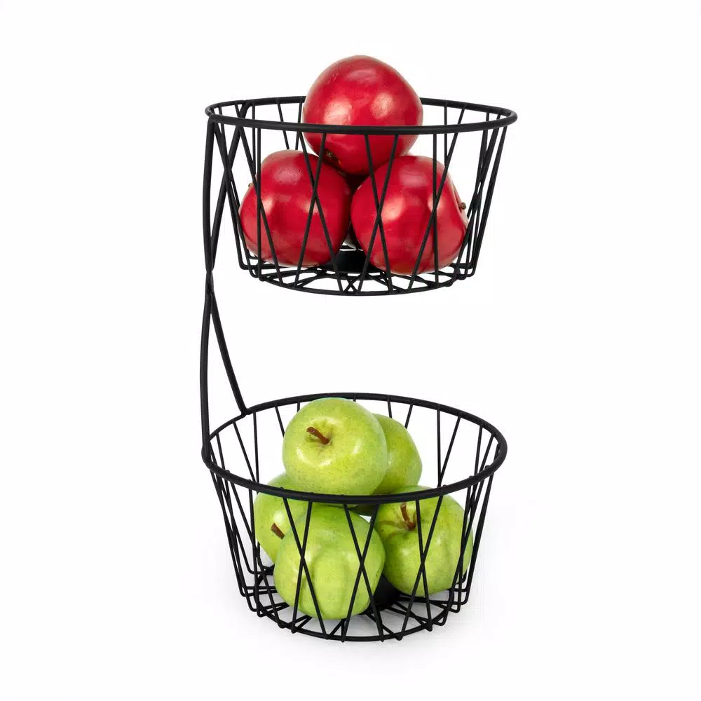 Spectrum Paxton 2-Tier Black Steel Fruit Basket Server, Rustic Farmhouse Design