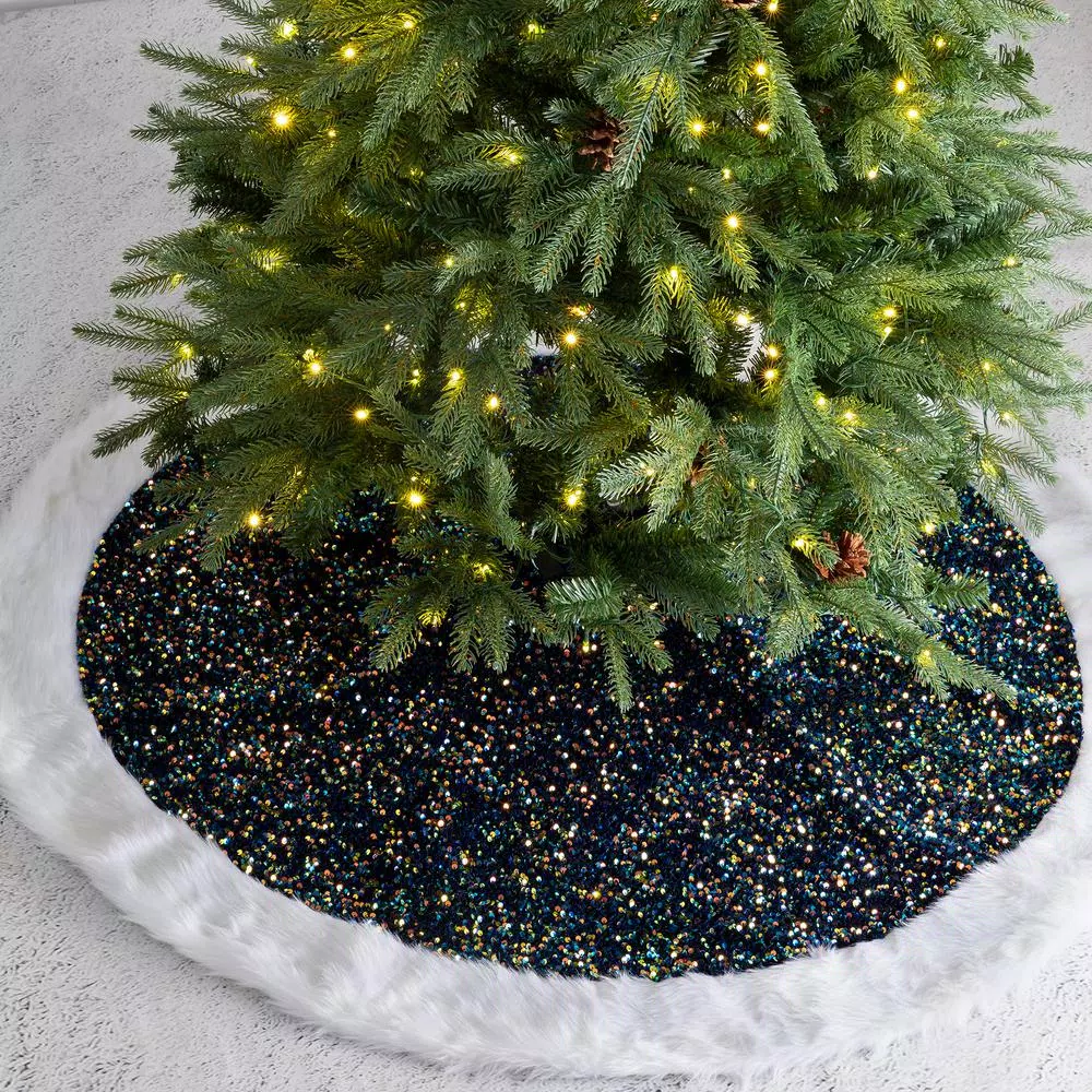 Glitzhome 48 in. Navy Blue Sequin Christmas Tree Skirt with White Faux Fur Cuff