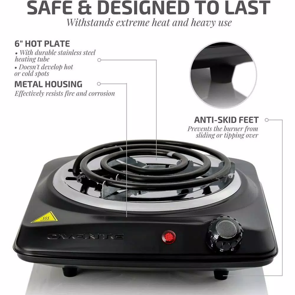 Ovente BGC101 1000W Electric Single Coil Burner Hot Plate, 6-Inch Heating Surface, Black