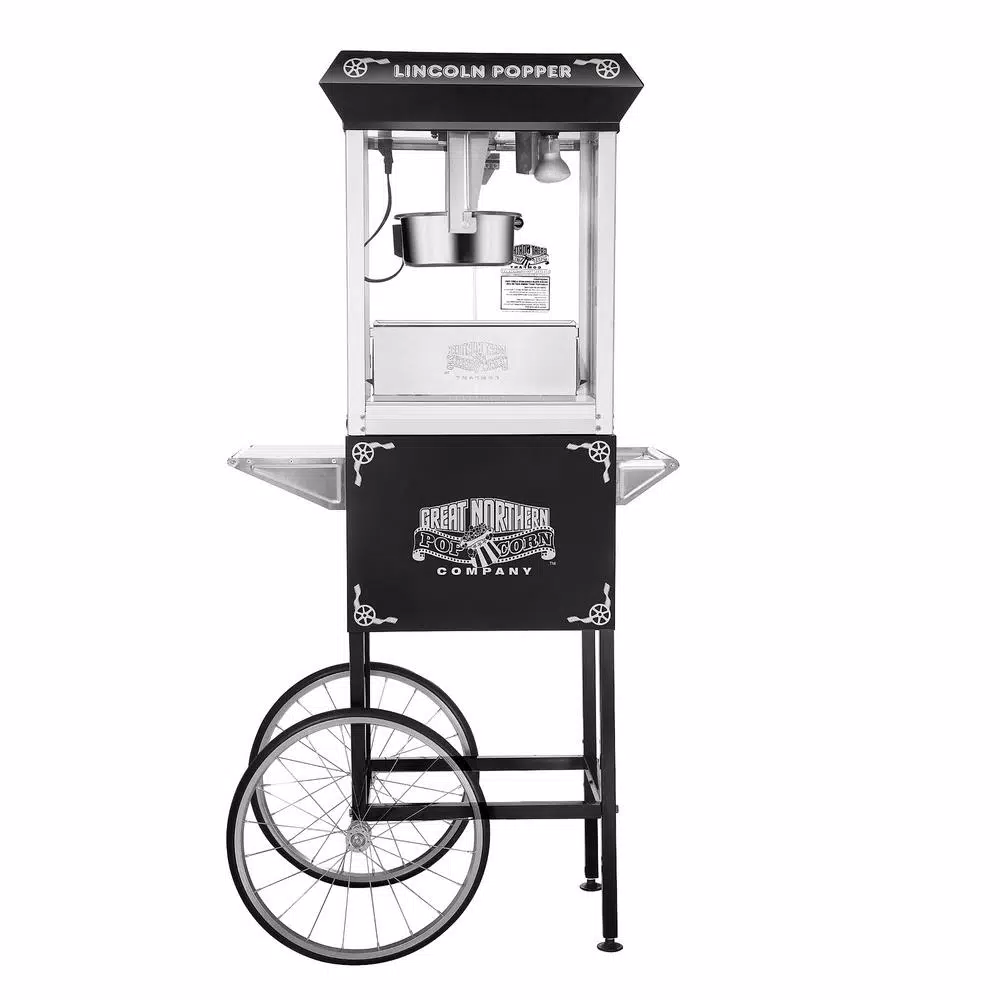 Great Northern Popcorn Lincoln 8 oz. Black Popcorn Machine with Mobile Serving Cart