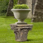 Benjara Aesthetic Resin Decorative Pedestal with Acanthus Leaf Design and Scrolled Details, Brown thumbnail 8