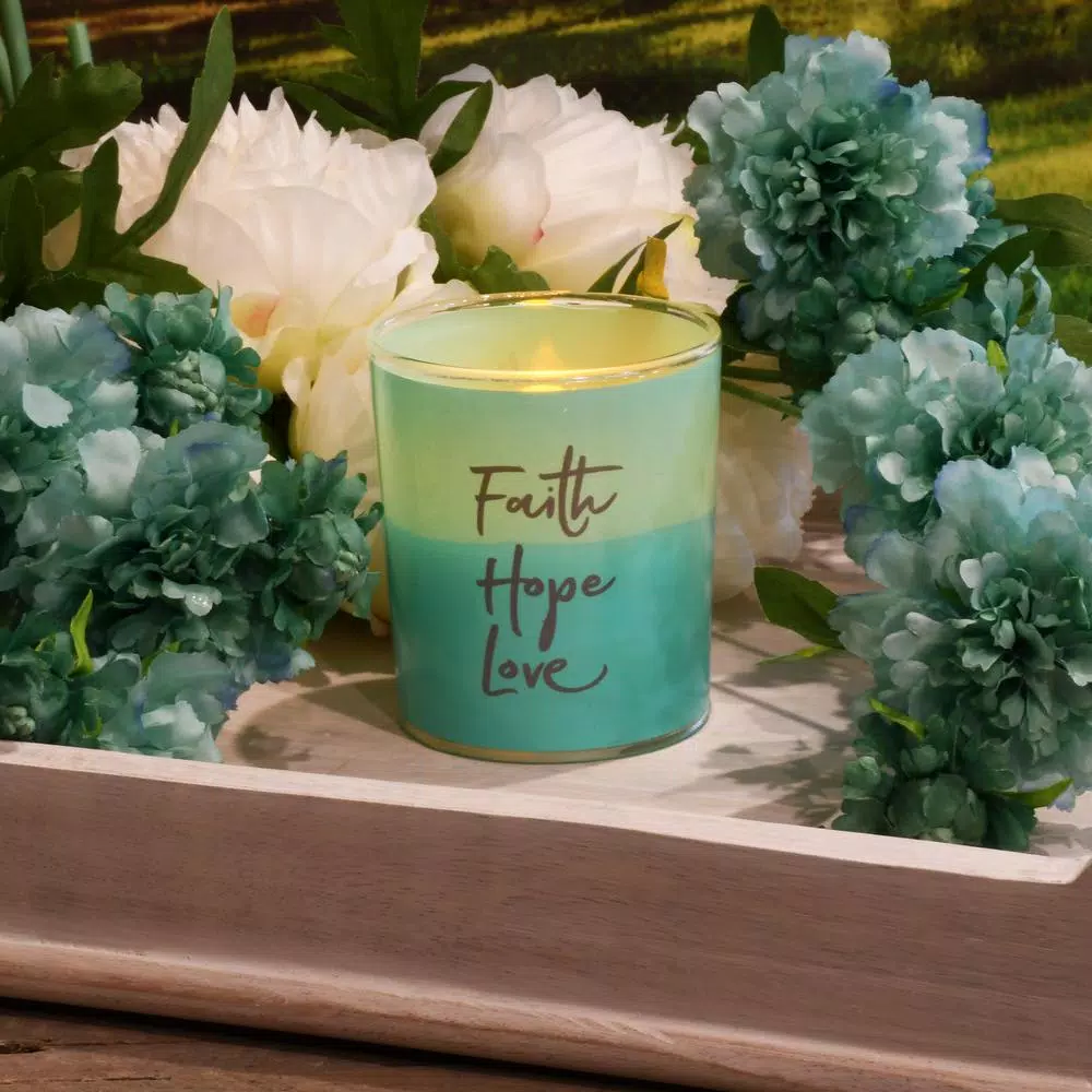 LUMABASE Faith Hope Love Teal Glass LED Battery Operated Candles - Set of 2