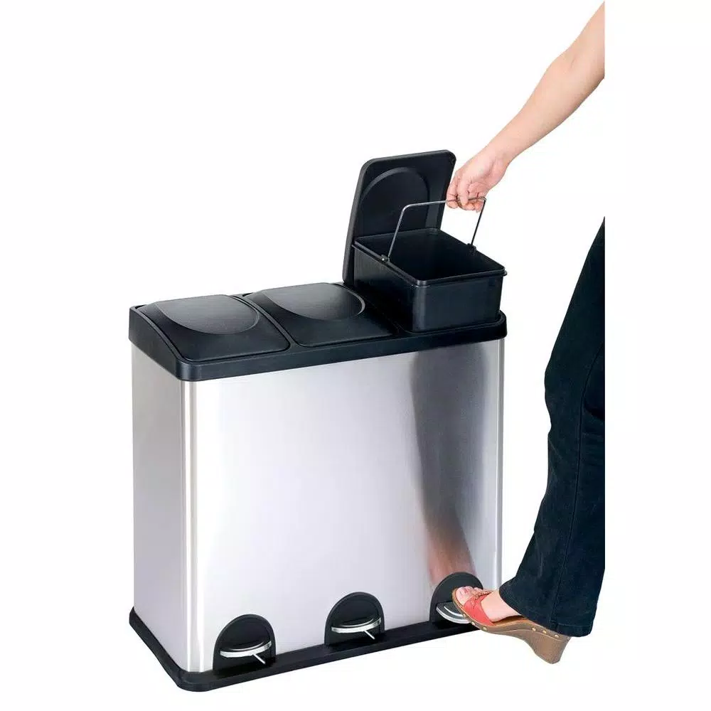 Step N' Sort 16 Gallon 3-Compartment Stainless Steel Trash and Recycling Bin