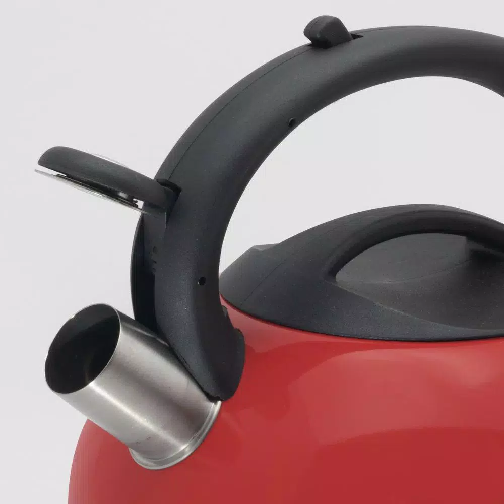 ExcelSteel 3 Qt. Red Stainless Steel Whistling Tea Kettle with Stay-Cool Bakelite Handle