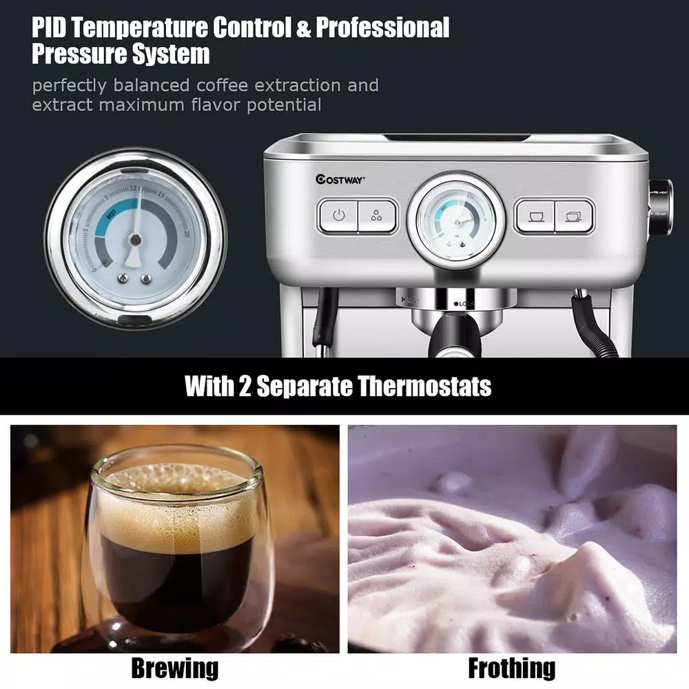 Costway Stainless Steel Semi-Auto Espresso Machine with Milk Frother Wand, 1500W Coffee Maker